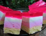 Puszyste ptasie mleczko z jogurtu i galaretki, warstwowe ciasto w kolorach lata.