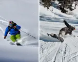 Narciarz w niebieskiej kurtce i snowboardzista w ciemnej kurtce na ośnieżonym stoku.