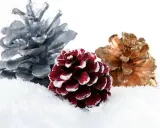 Piñas decoradas en tonos plateado, burdeos y dorado, cubiertas de nieve, evocan la magia del otoño y la anticipación de las fiestas.