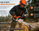 Hombre con equipo de seguridad usando una motosierra, destacando características de los diferentes tipos de motosierras: menos vibración, buen equilibrio, agarre ergonómico, control total y mayor seguridad.