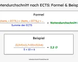 Formel und Beispiel, wie berechnet man Noten nach ECTS. Multipliziere Noten mit ECTS-Punkten, summiere und teile durch die Gesamtsumme der ECTS.