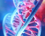 Doppia elica del DNA, simbolo di innovazione e editing genomico, con sfumature blu e rosse.