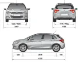 Schemat Citroen C4 z wymiarami: wysokość 1504 mm, szerokość przód 2050 mm, szerokość tył 1789 mm, długość 4329 mm.