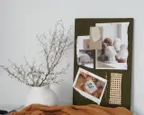 Moodboard inredning med inspiration från sovrum, byster och naturmaterial.