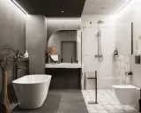 Nowoczesna łazienka z wanną i prysznicem. Efektowne układanie płytek 120x60 na ścianie dodaje elegancji.
