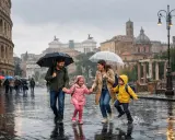 Famiglia felice sotto la pioggia a Roma, con il Colosseo sullo sfondo. Un'idea su cosa vedere a Roma quando piove: godersi la magia della città anche con l'ombrello!