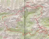 Mappa del sentiero delle Orobie, con sentieri rossi che attraversano valli e cime come il Pizzo Coca e la Presolana.
