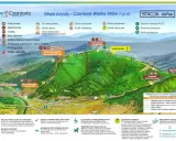 Mapa turystyczna Wielkiej Czantorii z zaznaczonymi szlakami, kolejką linową i atrakcjami.
