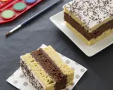 Gâteau napolitain, le meilleur pâtissier. Une part sur une serviette, une autre entière sur une assiette. Pinceau et palette de peinture à proximité.
