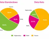 Porównanie diet: standardowa (55% węglowodany) vs keto (70% tłuszcze). Czy dieta keto jest zdrowa? Wykres pokazuje różnice w proporcjach makroskładników.