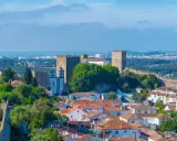 Malerische portugiesische Landschaft mit einer mittelalterlichen Burg und Stadtmauern, die sich über grüne Hügel erstrecken. Weiße Häuser mit Ziegeldächern und ein Kirchturm sind sichtbar.