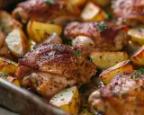 Ugnsbakad kyckling innerfilé med klyftpotatis, perfekt tillagad vid rätt temperatur.