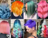 A collage of eight women with vibrant, bunte Haare in shades of blue, orange, green, pink, purple, and rainbow colors.