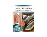 Guía de iniciación al punto tunecino tejido a ganchillo. Muestra un chal color salmón, una manta a rayas y dos muestras de tejido en verde y turquesa.