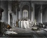 Die Ermordung Caesars: Senatoren mit erhobenen Dolchen umringen den gefallenen Diktator. Ein umgestürzter Stuhl und eine Leiche auf dem Boden zeugen vom brutalen Ende.