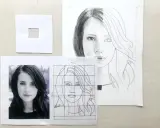 Guida per imparare come fare un ritratto da una foto: foto originale, disegno a griglia e schizzo in corso.
