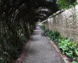 Un sendero cubierto de vegetación en los jardines de Monforte, con bancos y flores moradas esparcidas por el camino.