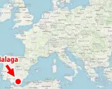 Gdzie jest Malaga? Na mapie Europy, na południu Hiszpanii, zaznaczona czerwoną strzałką i kropką.