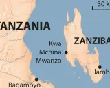 Mapa pokazuje Tanzanię i Zanzibar. Czy Zanzibar to państwo? Leży na wschód od kontynentu, blisko wybrzeża.