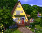 Żółty dom w kształcie litery A, otoczony zielenią. Domy w The Sims 4 bez dodatków mogą wyglądać tak uroczo!