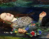 A Pre-Raphaelite masterpiece depicts Ophelia floating serenely in water, her face pale, surrounded by a wreath of flowers.