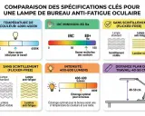 Comparaison des spécifications d'une lampe de bureau anti-fatigue : température de couleur, IRC, absence de scintillement, intensité et distance de travail.