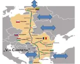 Mapa pokazuje trasę Via Carpatia, łączącą kraje od Litwy przez Polskę, Słowację, Węgry, Rumunię, Bułgarię aż po Grecję.