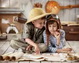 Dos niños planean una aventura en una casa rural para niños, con un mapa, lupa y sombrero de explorador.