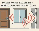 Dźwięk przenika przez szparę między drzwiami a futryną, okno i pęknięcia w ścianie, powodując nieszczelności akustyczne.