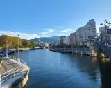 Blick auf den Bilbao Fluss mit Gebäuden und einer Brücke im Hintergrund.