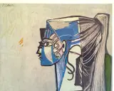 Picasso's portrait of Sylvette David, a striking profile in blue and white with flowing hair.