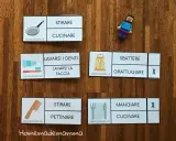 Schede per le azioni classe prima: stirare, cucinare, lavarsi i denti, lavarsi la faccia, sbattere, grattugiare, pettinare, mangiare.