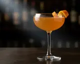 En elegant el presidente cocktail med apelsinzest på en mörk bardisk, med suddiga flaskor i bakgrunden.