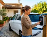Mujer interactúa con cargador de coche eléctrico, preparándose para el futuro del transporte, quizás con un plan auto plus 2026 boe.