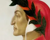 Ritratto di Dante Alighieri con corona d'alloro, un monito: "lasciate ogni speranza o voi che entrate".
