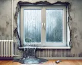 Una ventana con goteras y agua acumulada en el alféizar, evidenciando la falta de estanqueidad al agua en las ventanas.
