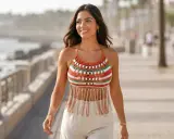 Mujer sonriente pasea por el paseo marítimo con un llamativo crop top a crochet con flecos.
