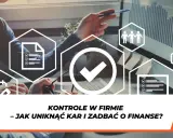 Przedsiębiorca analizuje dane, by uniknąć kontroli i zadbać o finanse firmy. Ikony symbolizują dokumenty, zespół i kalendarz.