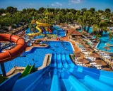 Parque acuático con toboganes, piscinas y palmeras. Ideal para hoteles temáticos para niños.