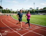Ein Mann und eine Frau absolvieren ein intensives Schwellentraining Laufen auf einer Leichtathletikbahn. Sie lächeln, während sie nebeneinander rennen.