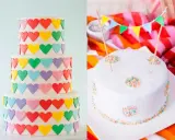 Ideas para decorar tartas: pastel de varios pisos con corazones de colores y pastel blanco con banderines y chispas.