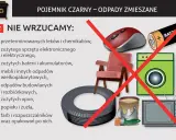 Czarny pojemnik na odpady zmieszane nie przyjmuje leków, elektroniki, baterii, mebli, opon, farb.