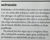 Text om skötselråd för bänkskivor, inklusive hur man impregnerar med paraffinolja för att bevara glansen.