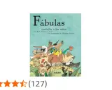 Ilustración de animales diversos, como un león coronado, un zorro y un pelícano, en la portada de "Fábulas contadas a los niños".