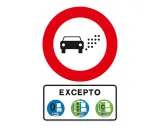 Señal de prohibición de paso a vehículos contaminantes, excepto los que luzcan la etiqueta amarilla DGT o distintivos ECO o C.