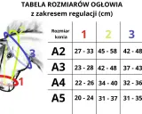 Tabela rozmiarów kantarów dla koni z zakresem regulacji (cm). Ilustracja pokazuje głowę konia z zaznaczonymi obszarami pomiaru.