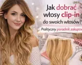 Kobieta z długimi, falowanymi włosami, obok pasma doczepianych włosów clip-in. Poradnik zakupowy dotyczący zabiegów na włosy.