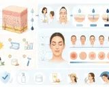 Illustration expliquant le peeling et les soins de la peau, montrant les couches cutanées, les étapes d'un traitement, les problèmes de peau et les bonnes pratiques.