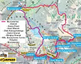 Mapa Tatr z zaznaczoną trasą Orla Perć. Długość trasy Orla Perć na mapie nie jest podana, ale widoczne są odcinki i czasy przejścia.