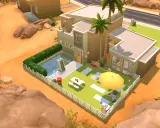 Nowoczesny domek The Sims 4 z basenem, grillem i żółtym parasolem. Idealne miejsce na letnie przyjęcie w pustynnym klimacie.